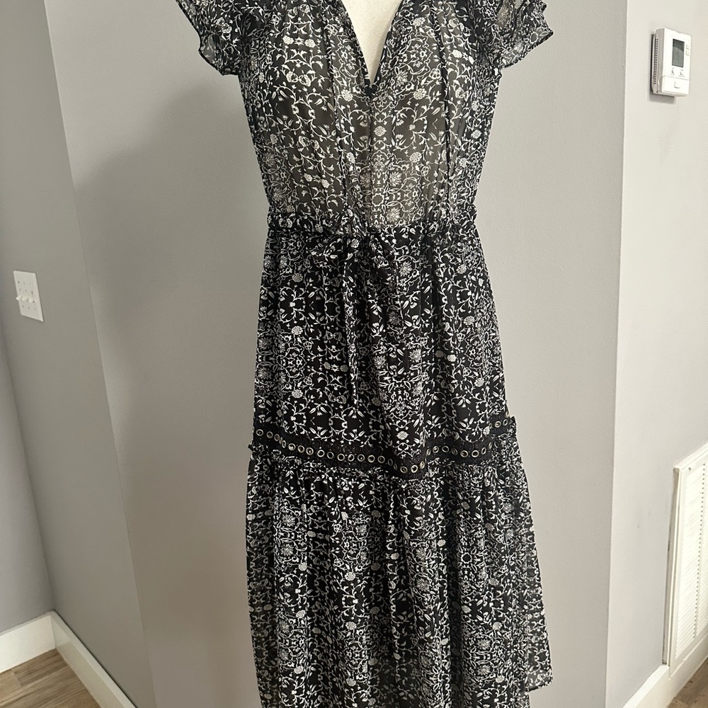 Misa Los Angeles Black and White Floral Midi Dress